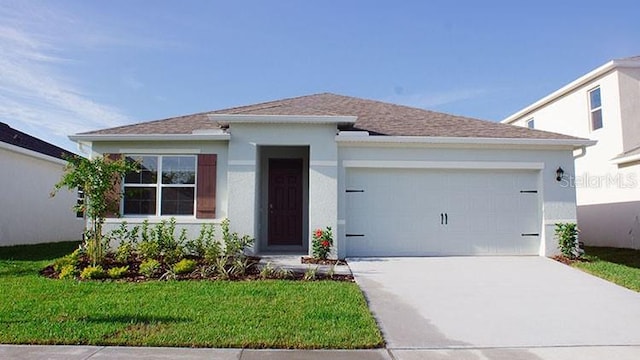 ranch-style house featuring stucco siding, driveway, a front lawn, and an attached garage