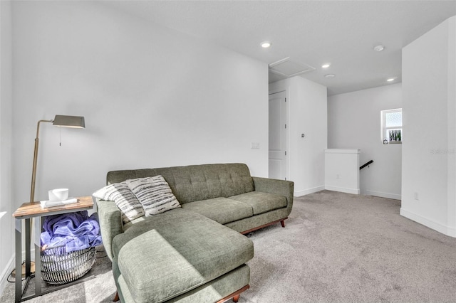 living area with recessed lighting, baseboards, attic access, and carpet flooring