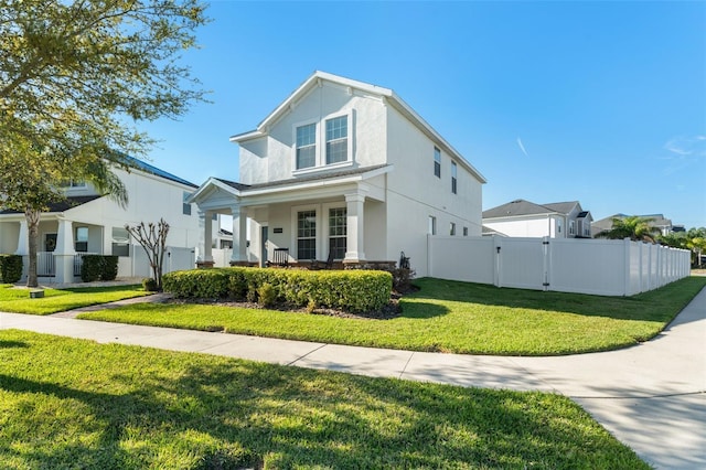 view of front of property with stucco siding, fence, a front yard, and a gate