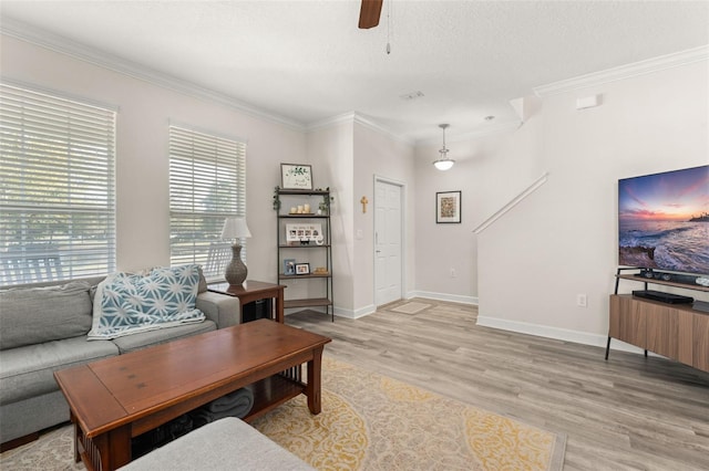 living room with light wood-style flooring, a ceiling fan, a textured ceiling, crown molding, and baseboards