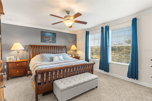 bedroom with baseboards, carpet, and ornamental molding