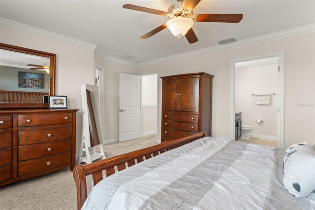 bedroom with baseboards, light colored carpet, visible vents, and ornamental molding