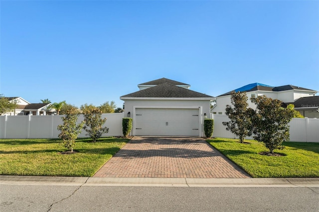 view of front of property featuring a front lawn, decorative driveway, and fence private yard