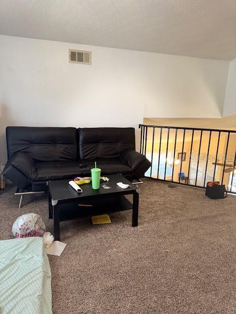 living area with carpet, visible vents, and a textured ceiling