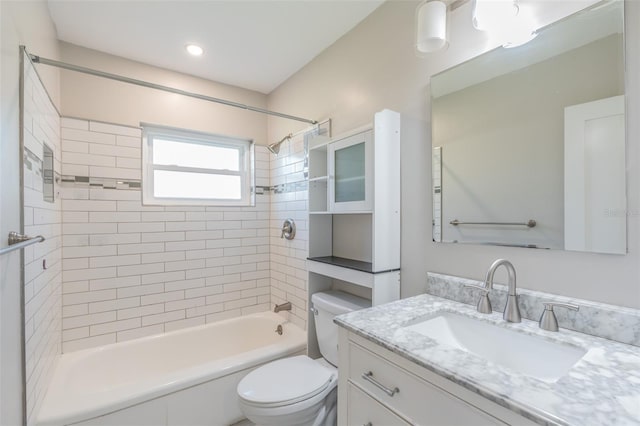 full bath with tub / shower combination, toilet, and vanity