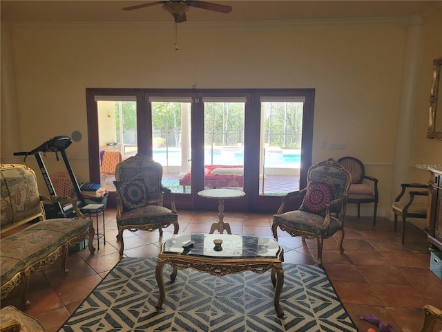 tiled living room featuring ornamental molding