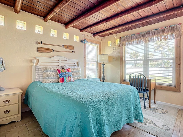 bedroom featuring tile patterned flooring, wooden ceiling, baseboards, and beam ceiling