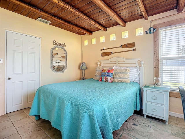 bedroom with multiple windows, beam ceiling, and wooden ceiling