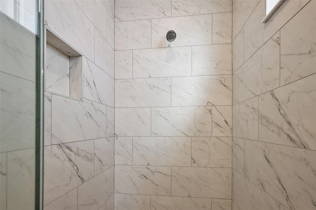 interior details featuring a tile shower