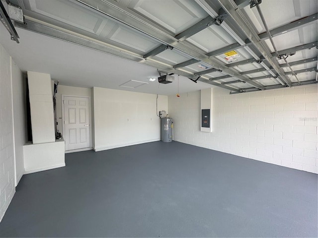 garage with electric panel, a garage door opener, and water heater