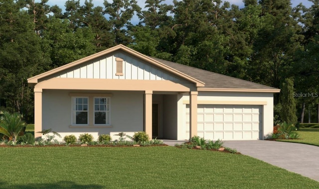 view of front of house with stucco siding, driveway, board and batten siding, a front yard, and a garage