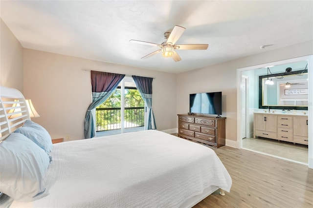 bedroom with light wood-style flooring, access to outside, connected bathroom, baseboards, and ceiling fan