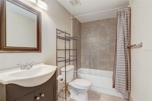 bathroom with tile patterned floors, visible vents, toilet, shower / bath combination with curtain, and vanity