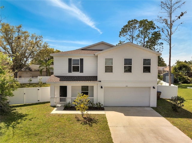 traditional home featuring a shingled roof, a front lawn, fence, covered porch, and driveway