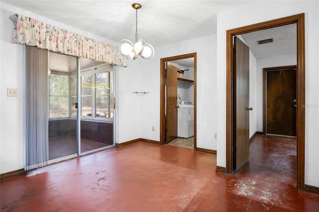 unfurnished room featuring visible vents, washer and dryer, a textured ceiling, baseboards, and concrete flooring