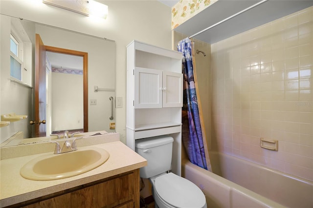 bathroom featuring shower / bath combination with curtain, toilet, and vanity