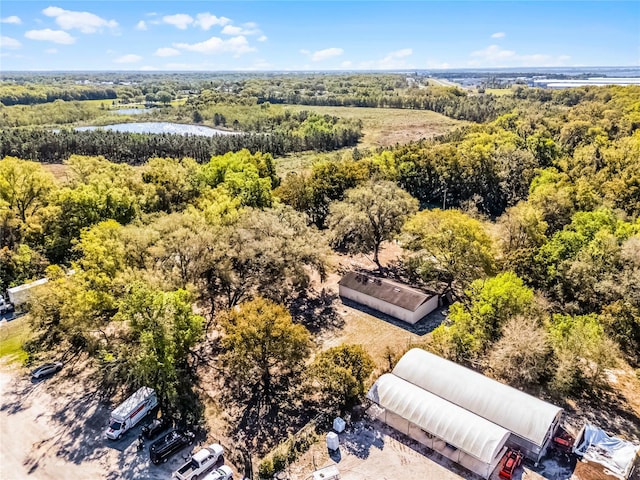 drone / aerial view with a view of trees and a water view