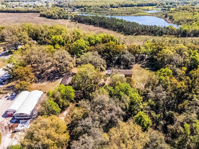 birds eye view of property with a view of trees and a water view