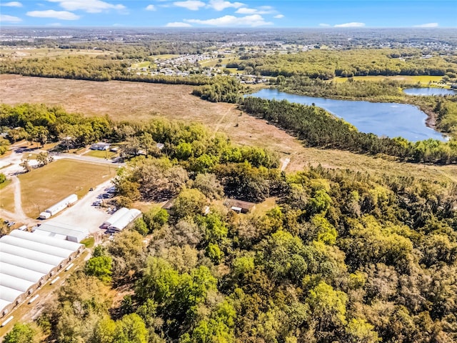 drone / aerial view featuring a water view and a wooded view