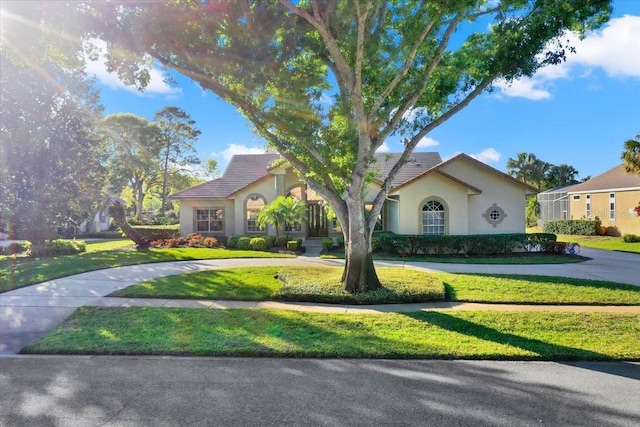 view of front facade with a front lawn, curved driveway, and stucco siding