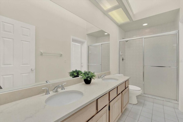 bathroom with tile patterned flooring, a shower stall, toilet, and a sink