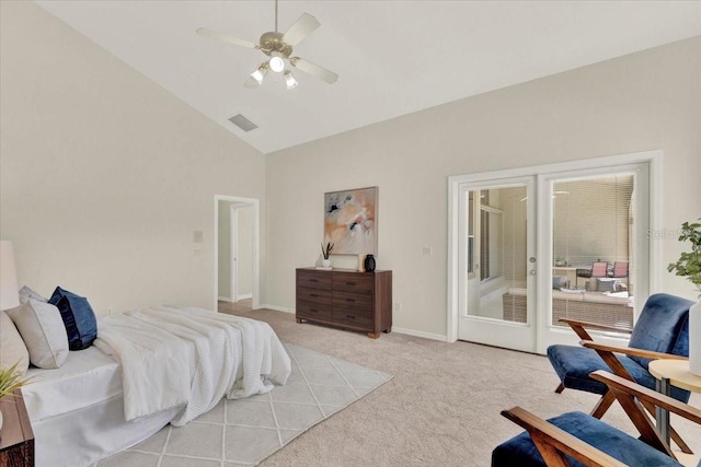 bedroom featuring a ceiling fan, visible vents, baseboards, access to exterior, and light carpet