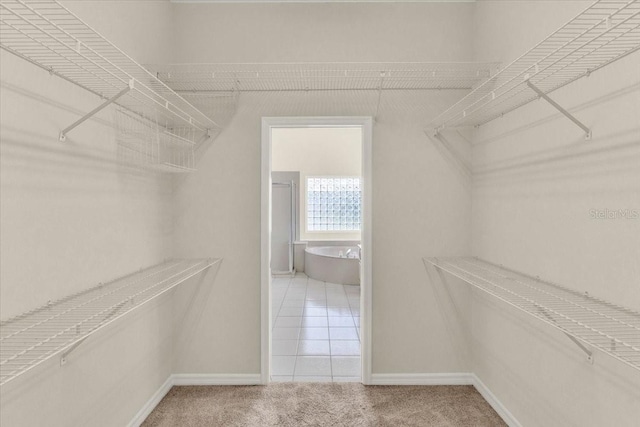 walk in closet featuring tile patterned flooring and carpet flooring