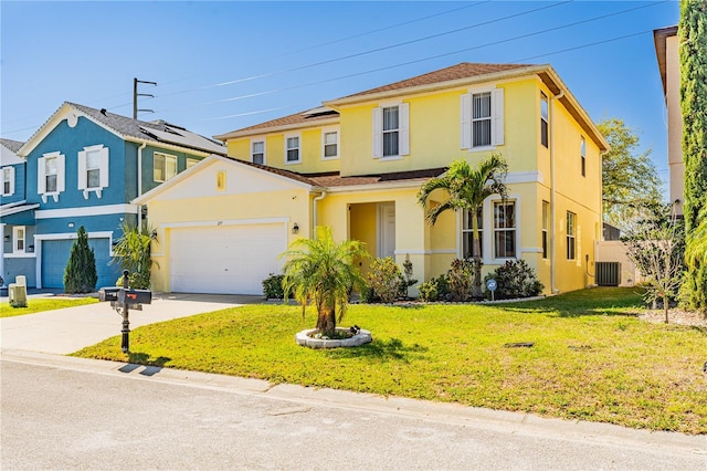 view of front facade with stucco siding, driveway, a front yard, a garage, and central AC unit