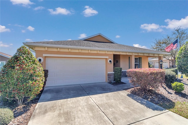 single story home featuring stucco siding, concrete driveway, and a garage