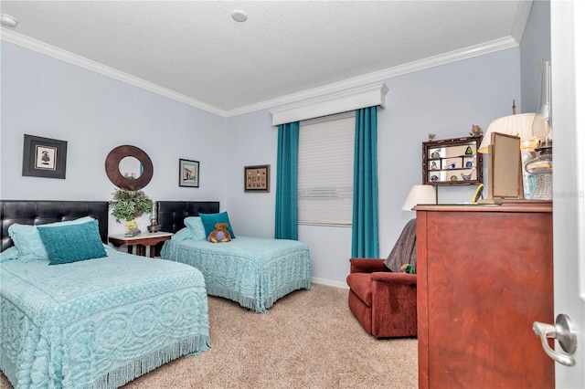 carpeted bedroom featuring crown molding and a textured ceiling