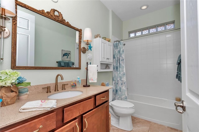 bathroom with tile patterned flooring, toilet, vanity, and shower / bath combination with curtain