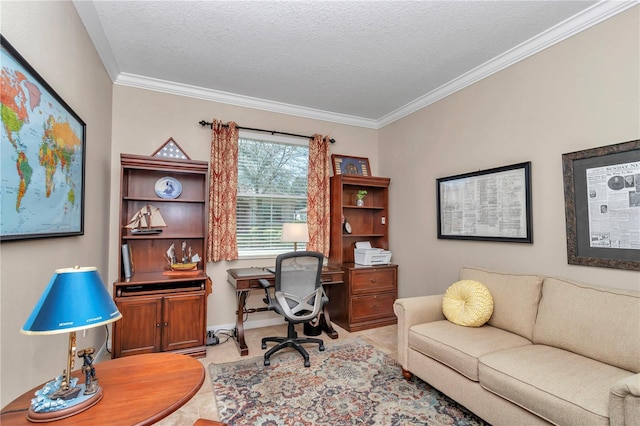 office area with light tile patterned floors, a textured ceiling, and crown molding