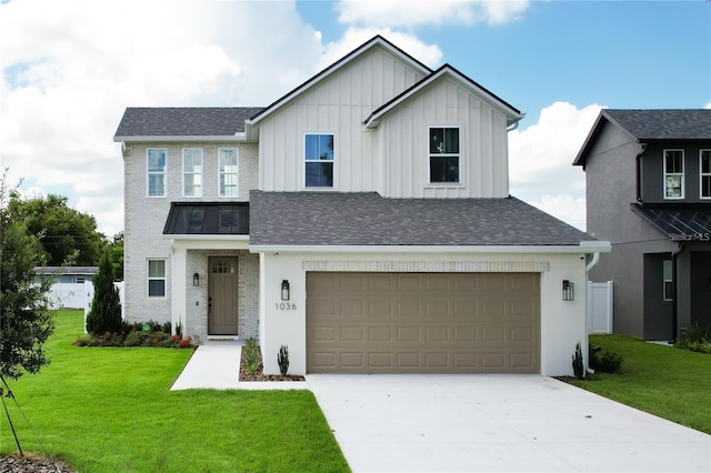 modern farmhouse style home with board and batten siding, concrete driveway, a front yard, roof with shingles, and a garage