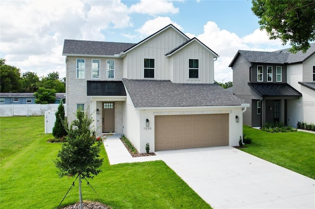 modern inspired farmhouse with board and batten siding, concrete driveway, a garage, and a front yard