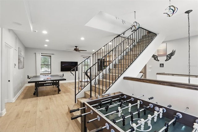 game room featuring recessed lighting, baseboards, wood-type flooring, and ceiling fan