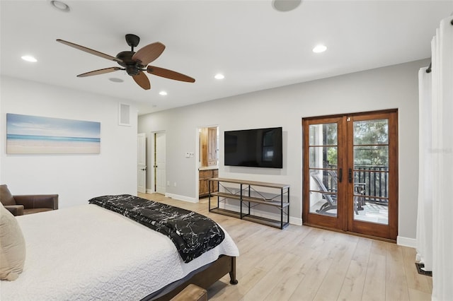 bedroom featuring visible vents, access to outside, wood finished floors, recessed lighting, and baseboards