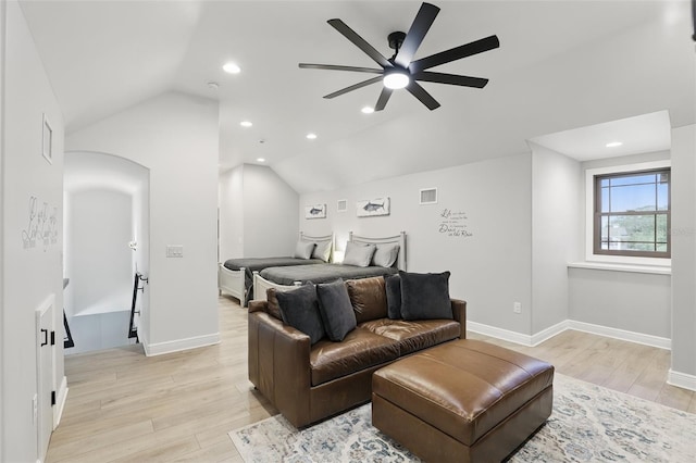 bedroom featuring recessed lighting, visible vents, light wood-style flooring, and vaulted ceiling