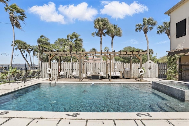 view of swimming pool with a fenced in pool, a patio, fence, and a pergola