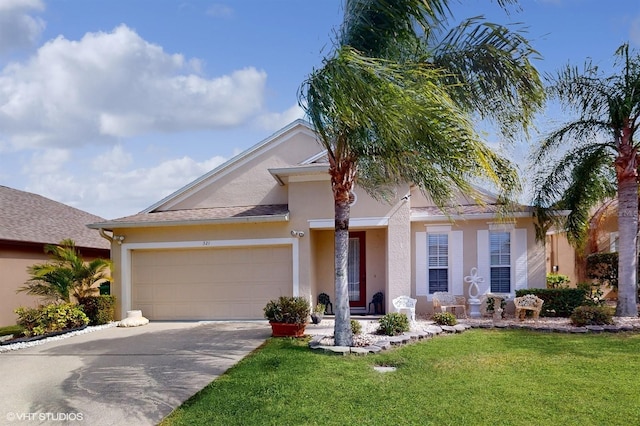 ranch-style home with concrete driveway, a front lawn, a garage, and stucco siding