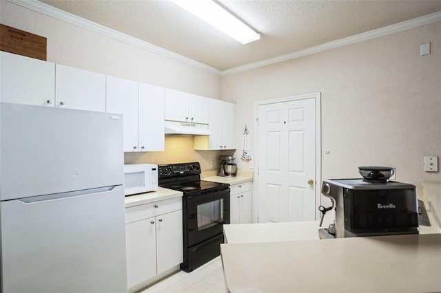 kitchen featuring under cabinet range hood, white cabinets, white appliances, and ornamental molding