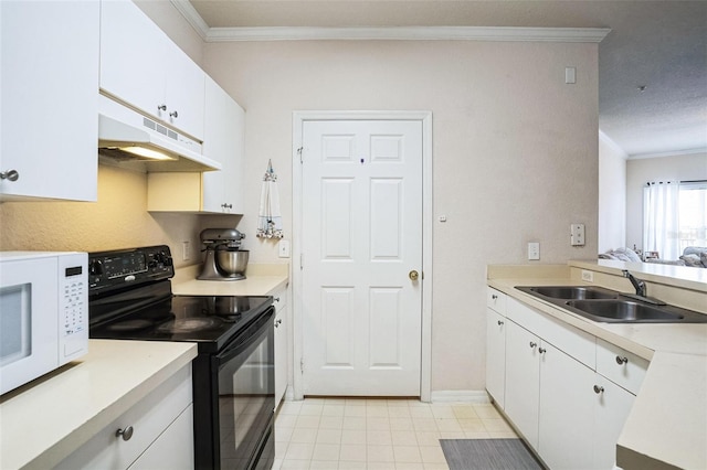 kitchen featuring ornamental molding, under cabinet range hood, a sink, black range with electric cooktop, and white microwave