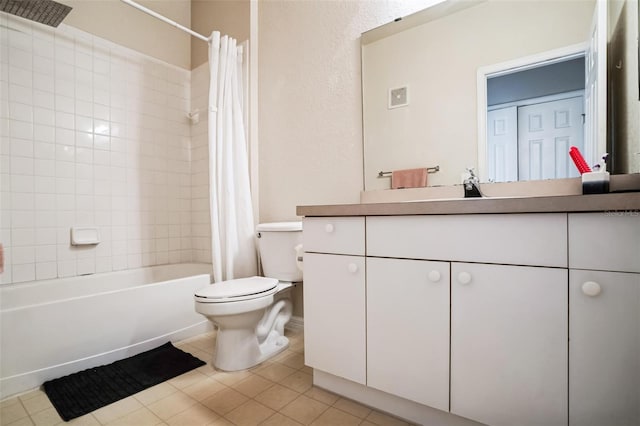 full bath with shower / bathtub combination with curtain, visible vents, toilet, tile patterned flooring, and vanity