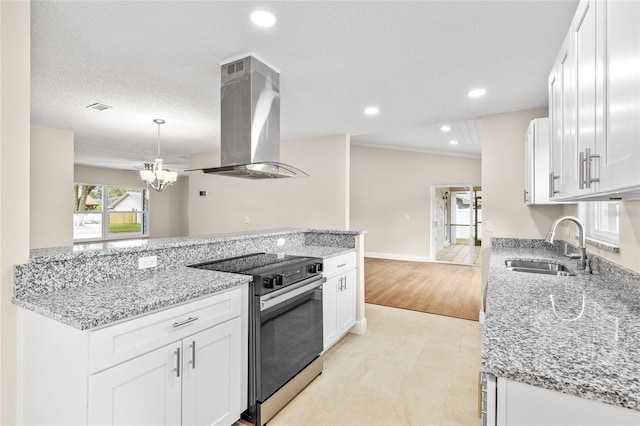 kitchen featuring light stone counters, exhaust hood, electric range, white cabinetry, and a sink