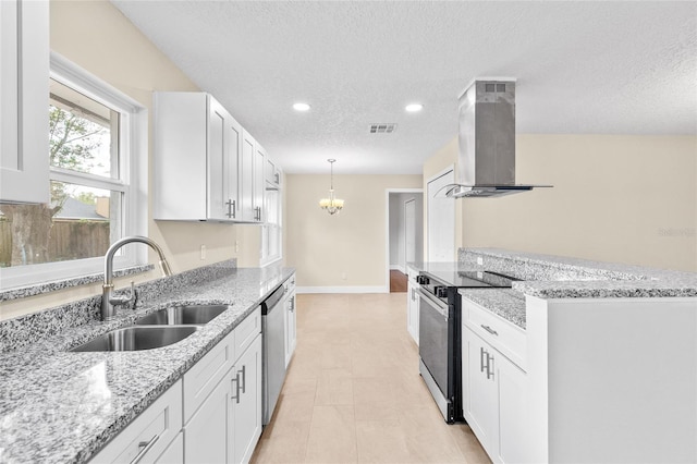 kitchen featuring visible vents, a sink, white cabinetry, black / electric stove, and extractor fan