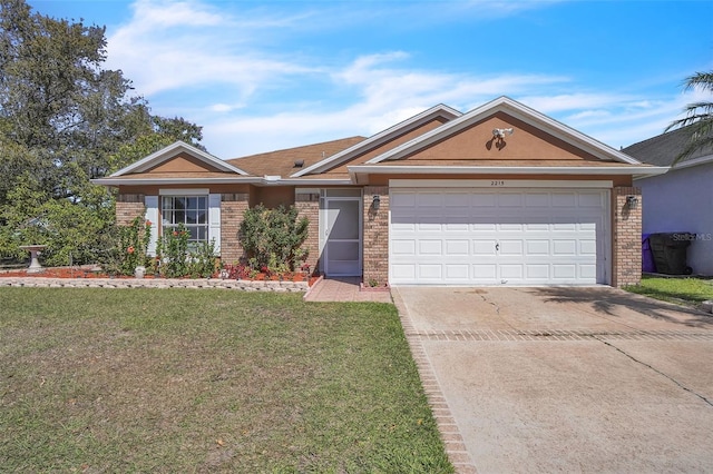 single story home featuring brick siding, an attached garage, driveway, and a front lawn