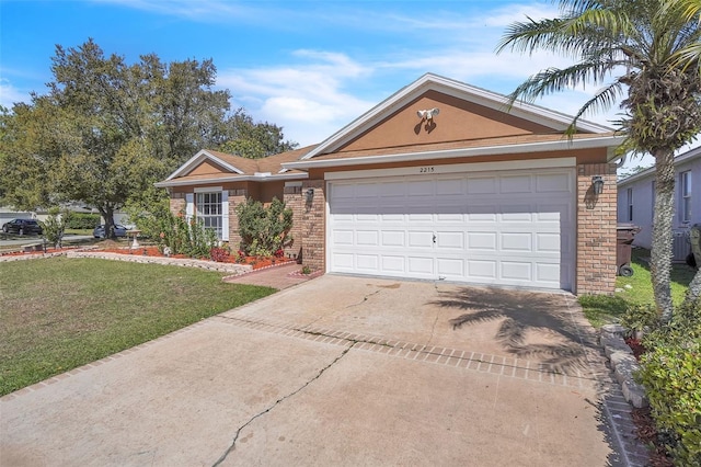 ranch-style house featuring a garage, a front lawn, concrete driveway, and brick siding