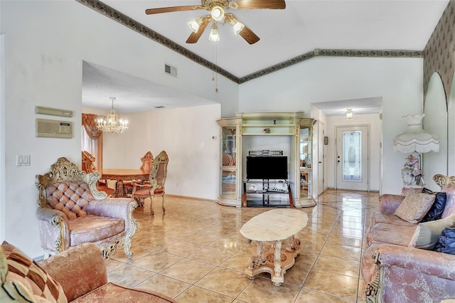 living room with visible vents, lofted ceiling, light tile patterned flooring, and ceiling fan with notable chandelier