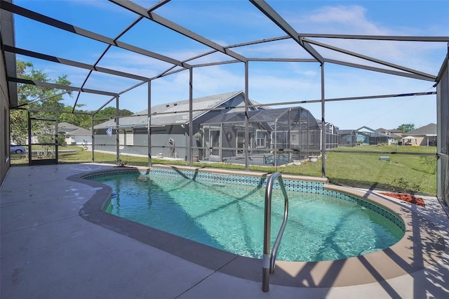 pool with a residential view, a lawn, a patio, and a lanai