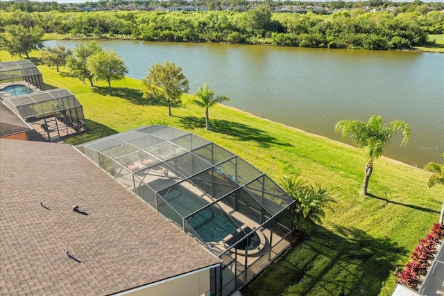 drone / aerial view featuring a water view