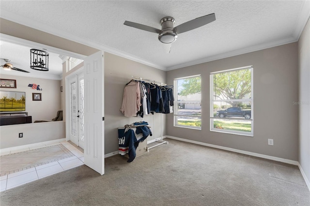 8611 Dover Oaks Ct, Orlando, FL 32836 - interior space with carpet, a textured ceiling, ornamental molding, tile patterned flooring, and baseboards